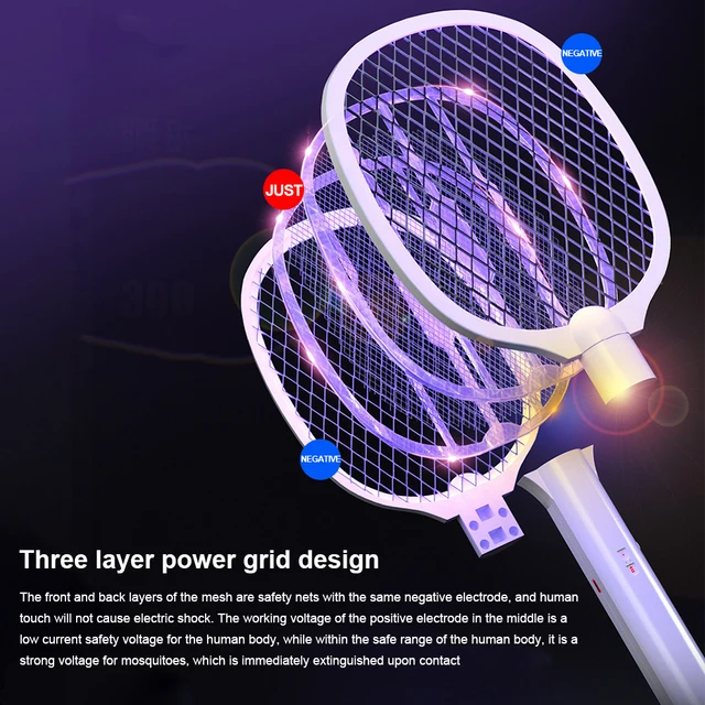 Handheld Electric Fly Swatter 3000V Bug Zapper Racket 2 in 1 Fly Swatter with USB Rechargeable Mosquito Killer Lamp Pest Control 3