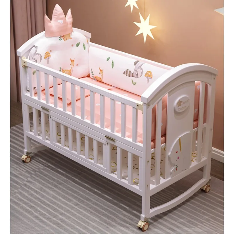Baby crib Solid wood spliced multifunctional movable cradle rest chair European style children's bed