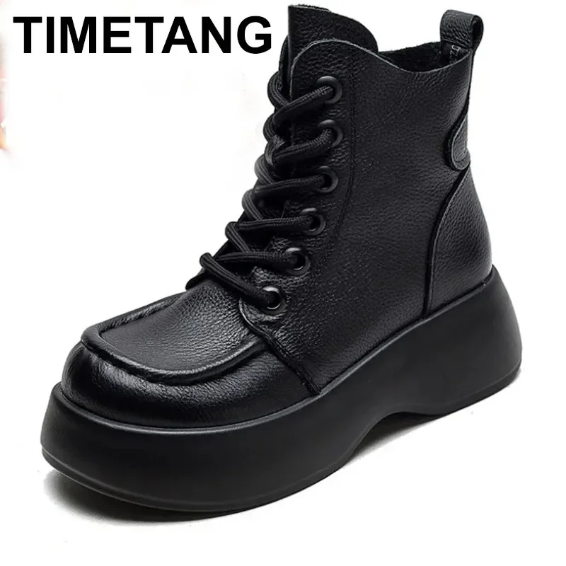 

Winter Boots Women Leather Shoes Lace Up Motorcycle Handmade Genuine Leather Women Ankle Boots Brand Black Casual Style