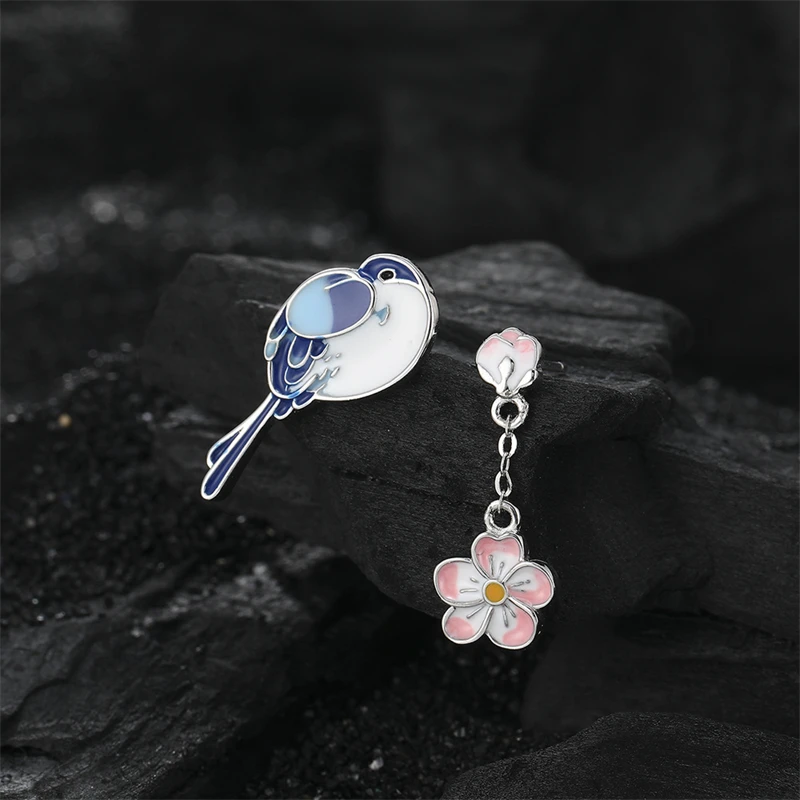 

925 Sterling Silver Summer Colored Dropping Glue Plum Bird Stud Earrings for Women Girls Fashion Elegant Original Design Jewelry