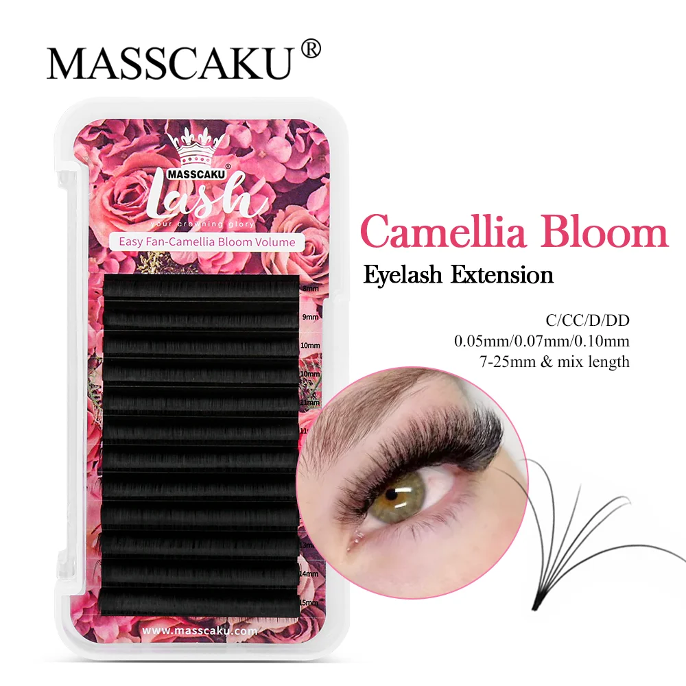 

MASSCAKU 8-20mm c/d curl auto fan eyelash extension C D curl super soft deep dark matte black mega lashes with custom packaging