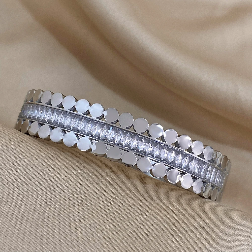 Freetry New Fashion Stainless Steel Layered Inlaid Zirconia Cuff Bangles for Women Oval Wave Geometric Bracelets Party Jewelry 6