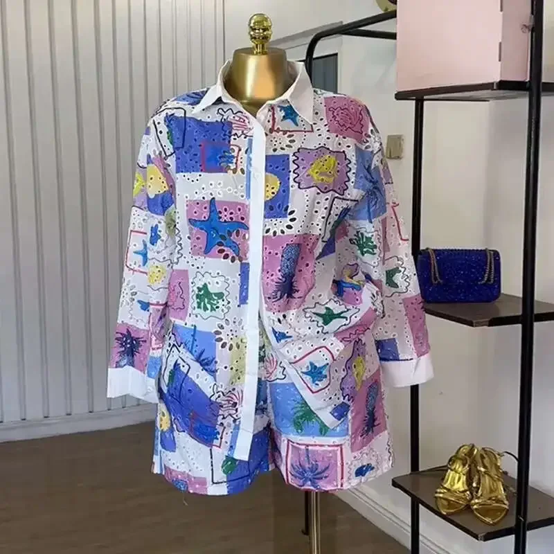 Women's Clothing 2025 Summer New Fashion Printed Hollow Out Turn-down Collar Long Sleeve Shirt Shorts Casual Set