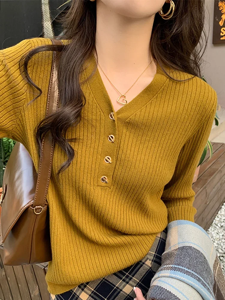 New Autumn and Winter Women's Clothing V-neck Button-decorated Long-sleeved Sweater Slim-fitting Elegant Knitwear Bottoming Top