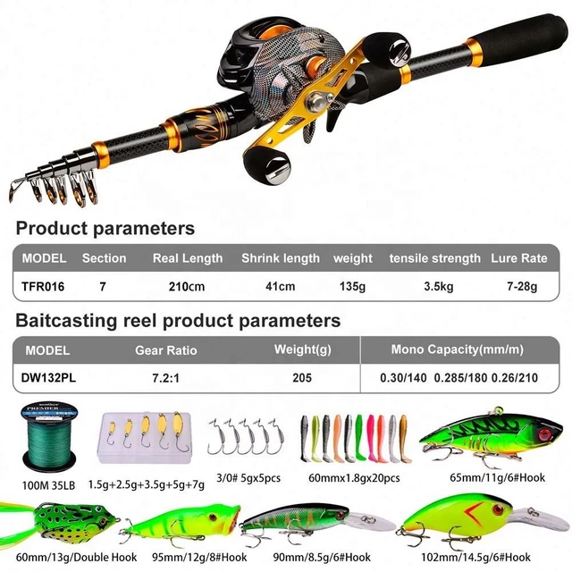 Baitcasting Reel and Rod Combo Kits Telescopic Pole with Spinning