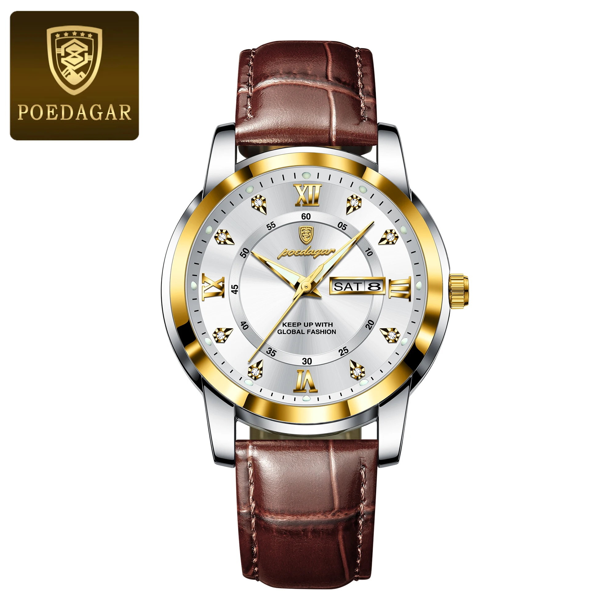 Men's Quartz Wristwatch With Luminous Date And Week Leather Strap_voghion.com