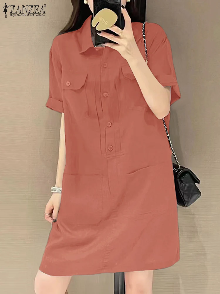 

Летнее модное женское платье ZANZEA с отложным воротником, элегантное женское Повседневное платье, однотонное платье-рубашка до колена