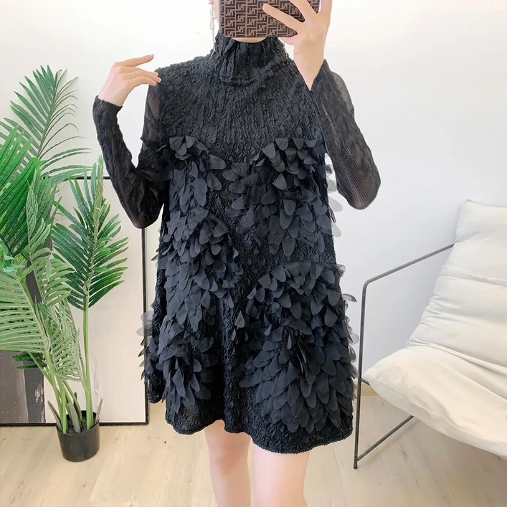 

Miyake Pleated Lily Embroidered Dress Women's Fall Winter New Long-sleeved Bottom Casual Loose Princess Dresses Plus Size