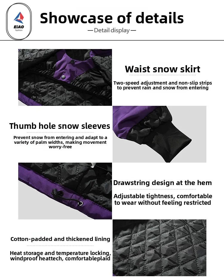 Winter Waterproof Windproof Thermal Ski Jacket for Men Unisex Style Cotton Insulated Thick Warm Snowsports Outdoor Sports Coat