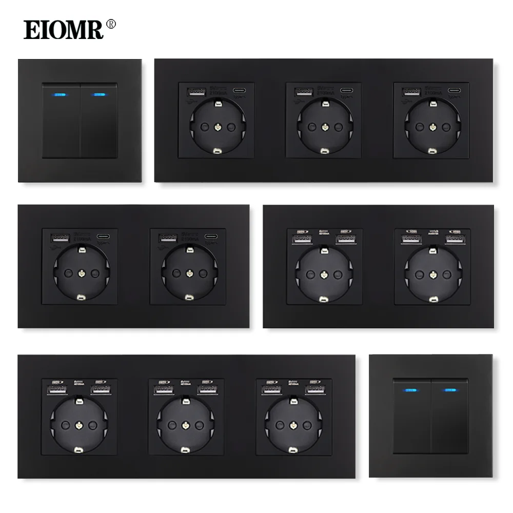 Eiomr tipo da ue c Interface Soquetes 5v 2.1a Usb Porto de Carregamento 3gang Azul Led Backlight Interruptores de Parede Tomadas de Eletrodomésticos