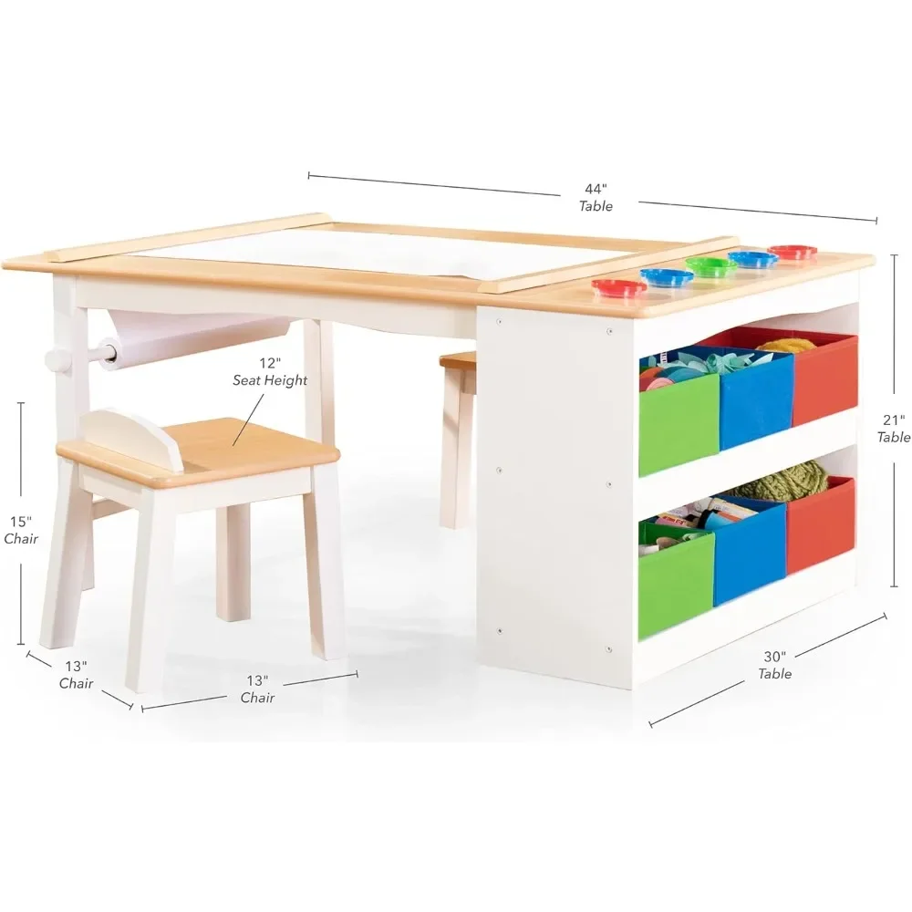 Arts and Crafts Center: Kids Activity Table and Drawing Desk with Stools, Storage Canvas Bins, Paper Roller, Paint Cups