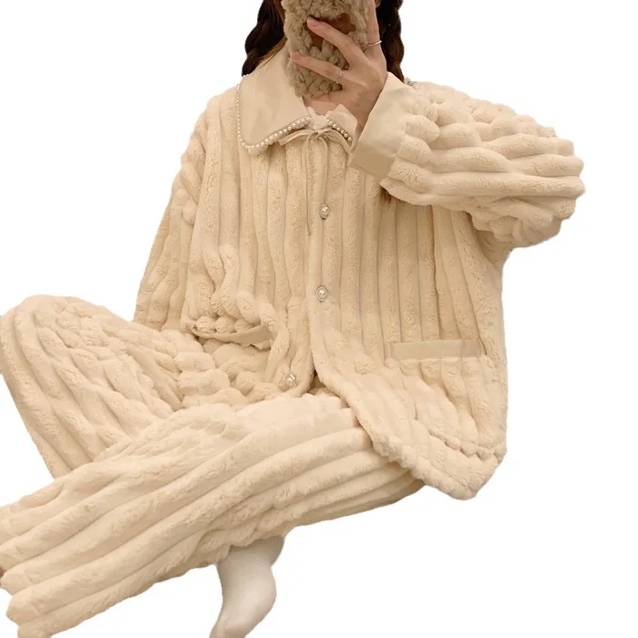 Autumn and Winter Pajamas Female Coral Velvet Thickened Cute Loose Simple Warm Long Sleeve Pants Two-piece Casual Home Wear