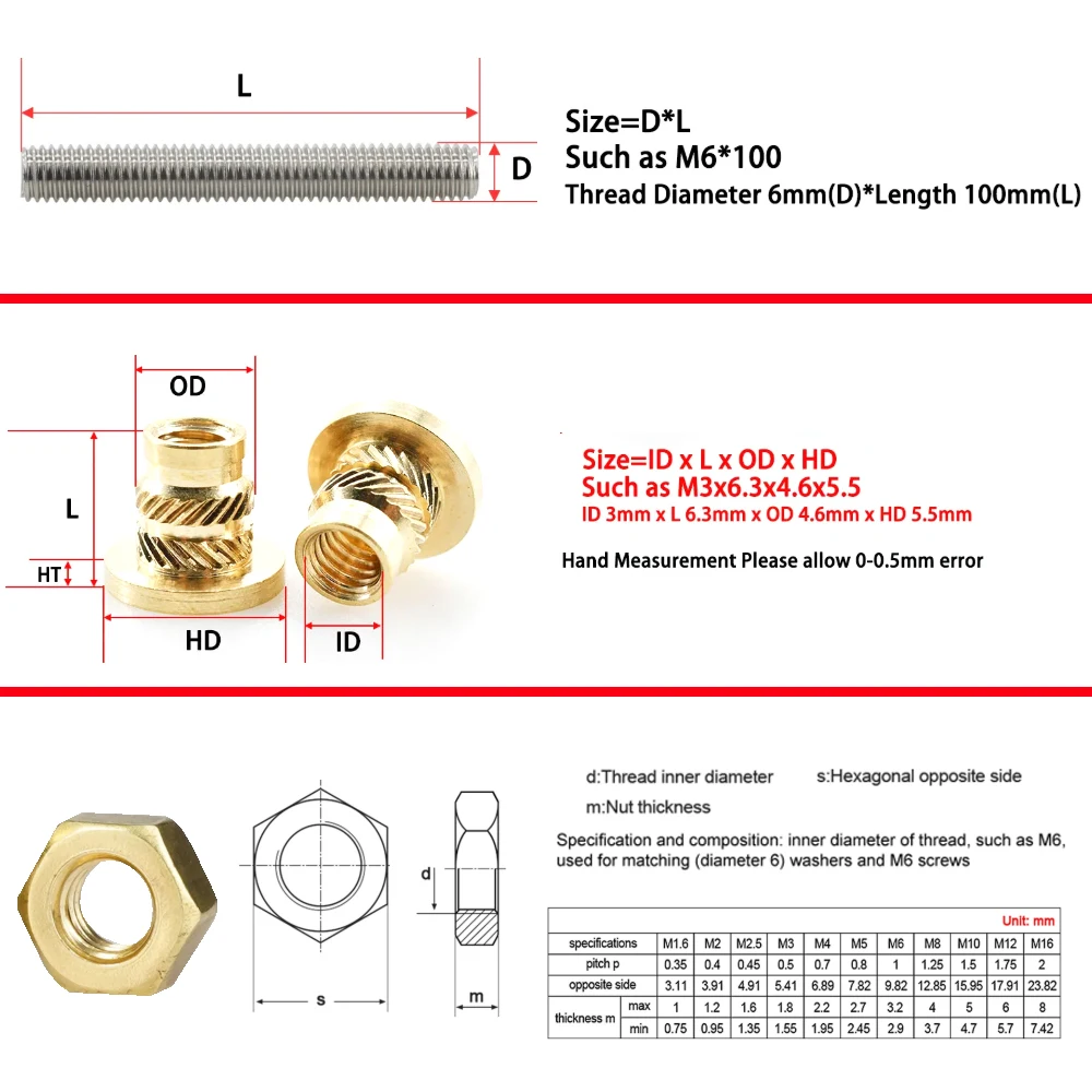 M3 M4 M5 M6 Flange Brass Heat Insert Nut Hot Melt Threaded Rod Insert Rivet Nut Copper Thread Injection Nutsert Brass Hex Nuts
