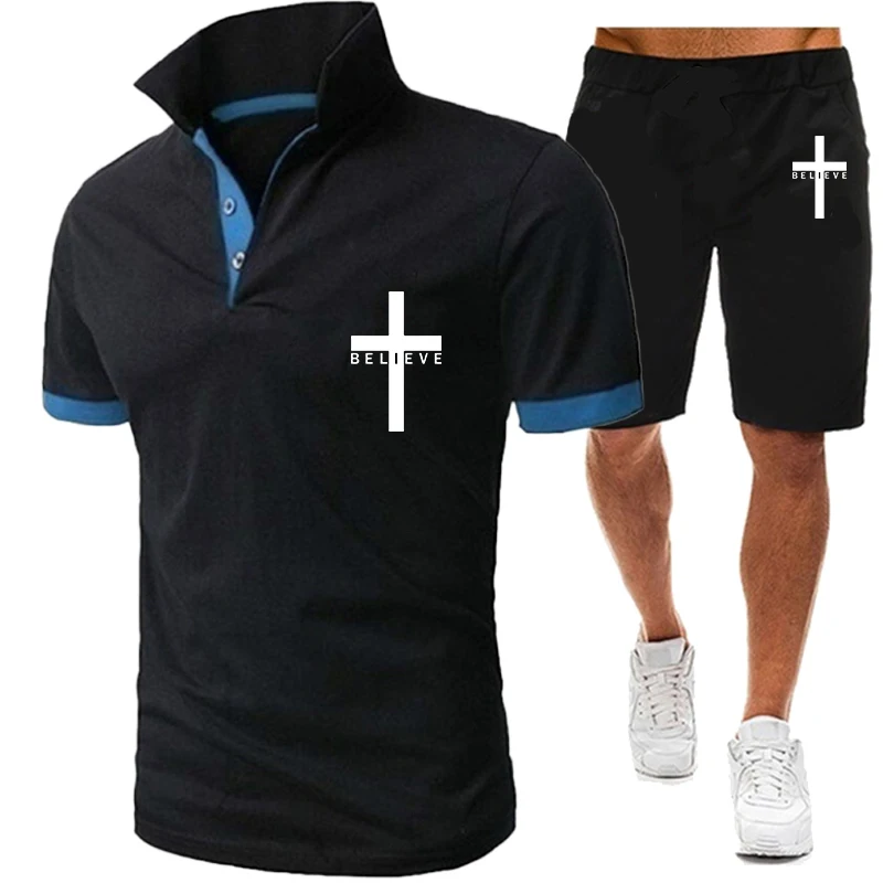 Tuveke's latest men's I believe in Jesus Christ print series drawstring solid color suit sports and leisure 2-piece set