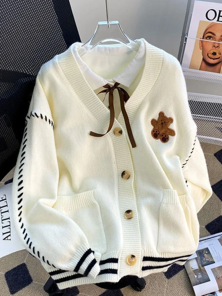 

Женский вязаный кардиган ANLYXI Kawaii Bear в японском стиле Харадзюку, осенний Свитер оверсайз в Корейском стиле с V-образным вырезом, повседневный Y2K топ в стиле преппи