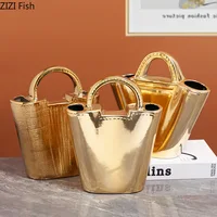 Golden Handbag Shape Ceramic Vase Flowers Pots Desk Decoration Flower Arrangement Creative Floral Vases Room Aesthetic Decor 1