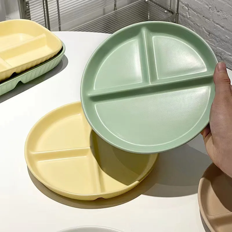 Home Ceramic Dining Plate Split Solid Color Three Grid Circular Divided Plate Breakfast