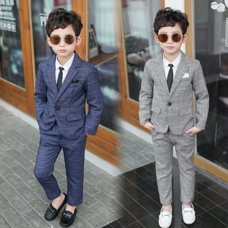 Boys Suit Set Kids Pant Blazers Set Spring Autumn Boys Casual 2pcs Suits Jackets Plaid Single Button Children Party Wedding Clothes 3-11y