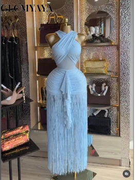 Elegant Women's Halter Neck Cross-Strap Fringe Maxi Dress Bodycon Party Gown for Evening Cocktail Night Tassel Chic Long Dresses 1