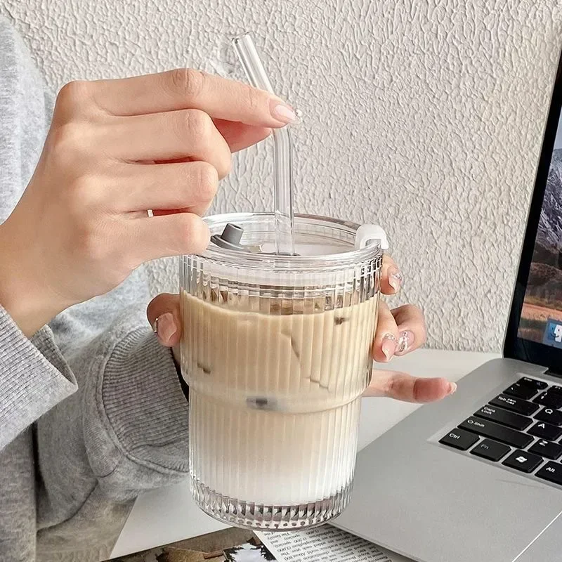 450ml Transparent Glasses Stripe Glass Cup with Lid and Straw Ice Coffee Mug Tea Cup Drinkware Water Bottles Kitchen Accessories