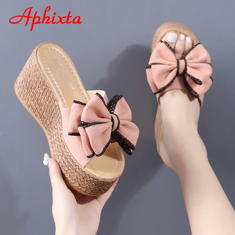 Aphixta 9cm/3.54 Inch Wedge Heel Luxury Pearl Appliques Flower Shoes Woman Slippers Flip Flops Platform Woman Slides Big Size 42