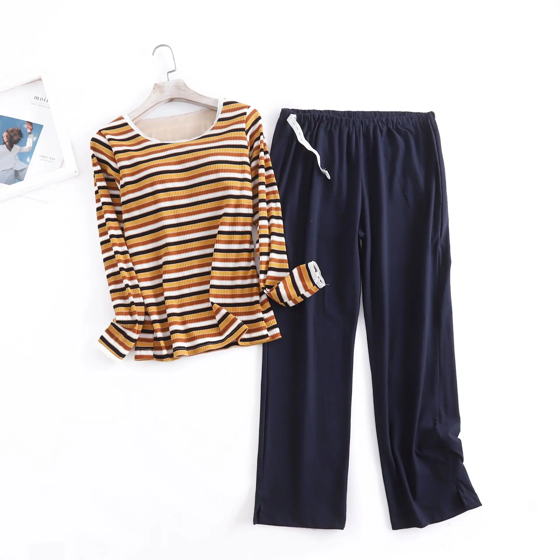 Mode Gestreiften Langarm Hosen Set Baumwolle Brust Pad Hause Tragen Anzug Frühling Herbst Nachtwäsche Frauen Pyjamas Nachtwäsche – Detail 3