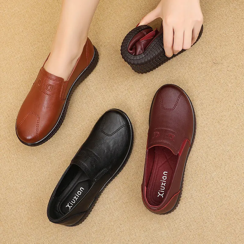 Women Genuine Leather Shoes Spring Autumn Brown Female Casual