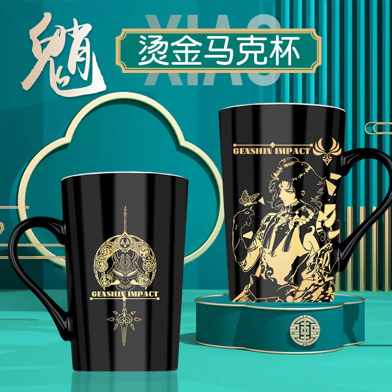 

Anime Genshin Impact Xiao Cosplay Black Gold Stamping Mug Cup Ceramic Coffee Water Cup Fashion Drinking Cup Student Gift