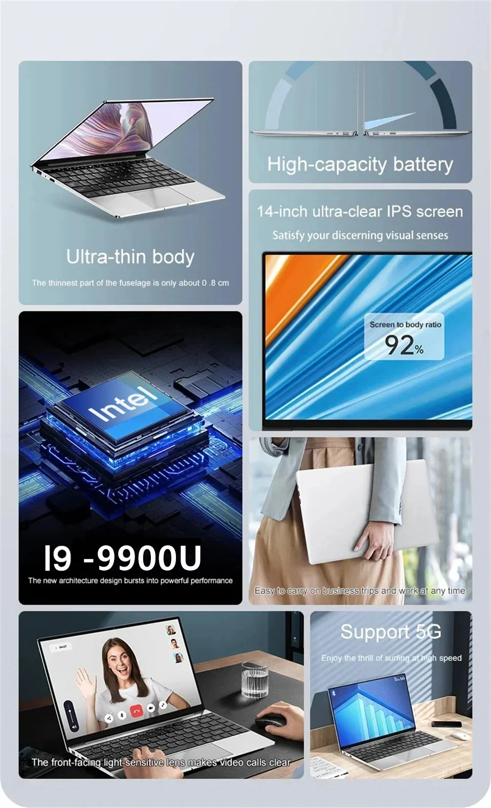 i9 Windows 11 Pro Laptop Intel CORE i9-9900U N5095A Notebook 14.1 Inch 16GB RAM 1TB 2TB SSD 1920*1080HD Gaming laptops Pc Gamer