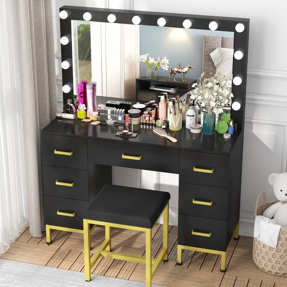 Vanity Set with Lighted Mirror, Dressing Table Makeup Vanity14PCS LED Bulbs, Cushioned Stool & 7 Drawers, Large 44" Black Vanity