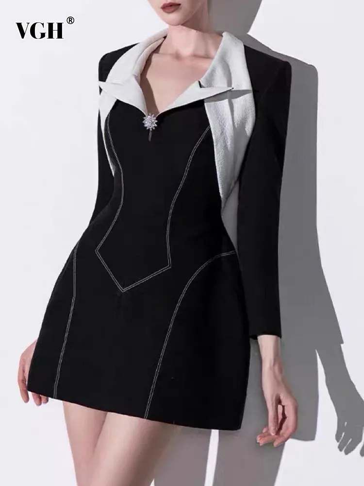 

VGH hit color patchwork diamonds elegant dress for women square collar long sleeve high waist bodycon temperament dresses female