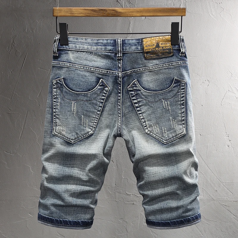 Fashion Vintage Men Jeans Patchwork Designer Retro Blue Elastic Slim Fit Ripped Short Jeans High Quality Casual Denim Shorts Men