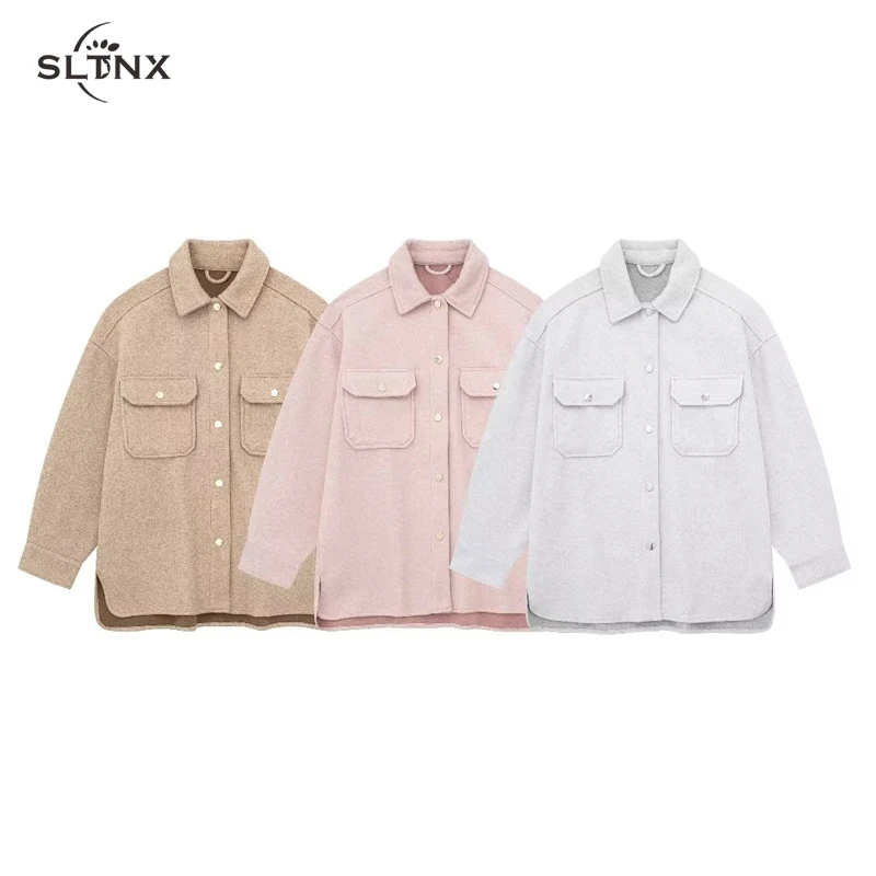 

SLTNX Fashion Soft Woolen Coats for Women 2023 Chic Single-breasted Shirt Coat Female Turndown Collar with Pockets Loose Jackets