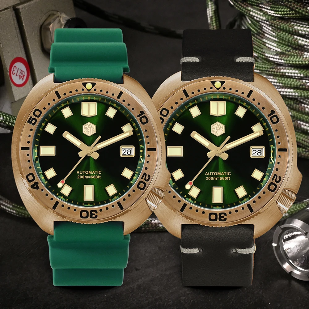 Mechanical Watch San Martin 44mm Abalone V4 Turtle Solid Bronze Vintage Diver Men 20 Bar Luminous Leather Strap