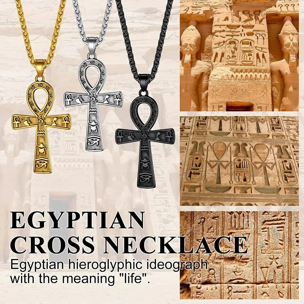 U7 Stainless Steel Ankh Cross Necklace for Men Women Eye of Horus 3mm Link Chain Ancient Egyptian Life Symbol Religious Jewelry - Image 3