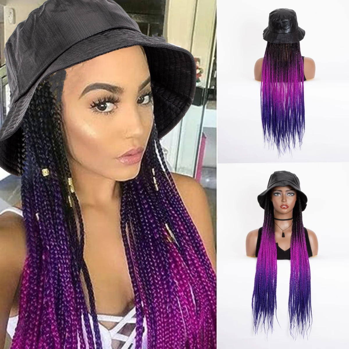 WIGERA Cheap Ombre Purple Long Box Braided Synthetic Baseball Cap Braiding Braids Wig With Hair Extensions Bucket Hat For Wemon