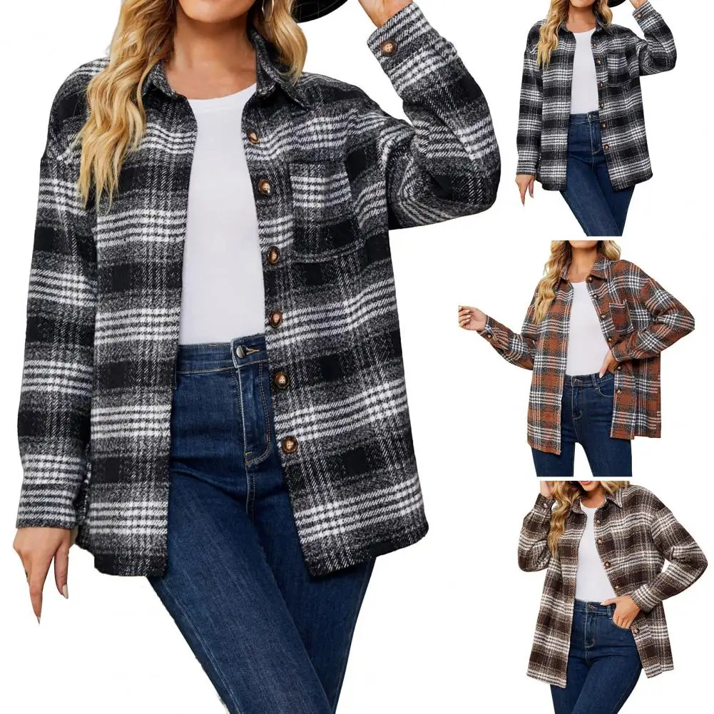 

Women Winter Coat Contrast Color Plaid Print Cardigan Single-breasted Loose Keep Warm Pockets Casual Long Sleeves Lady Coat Tops