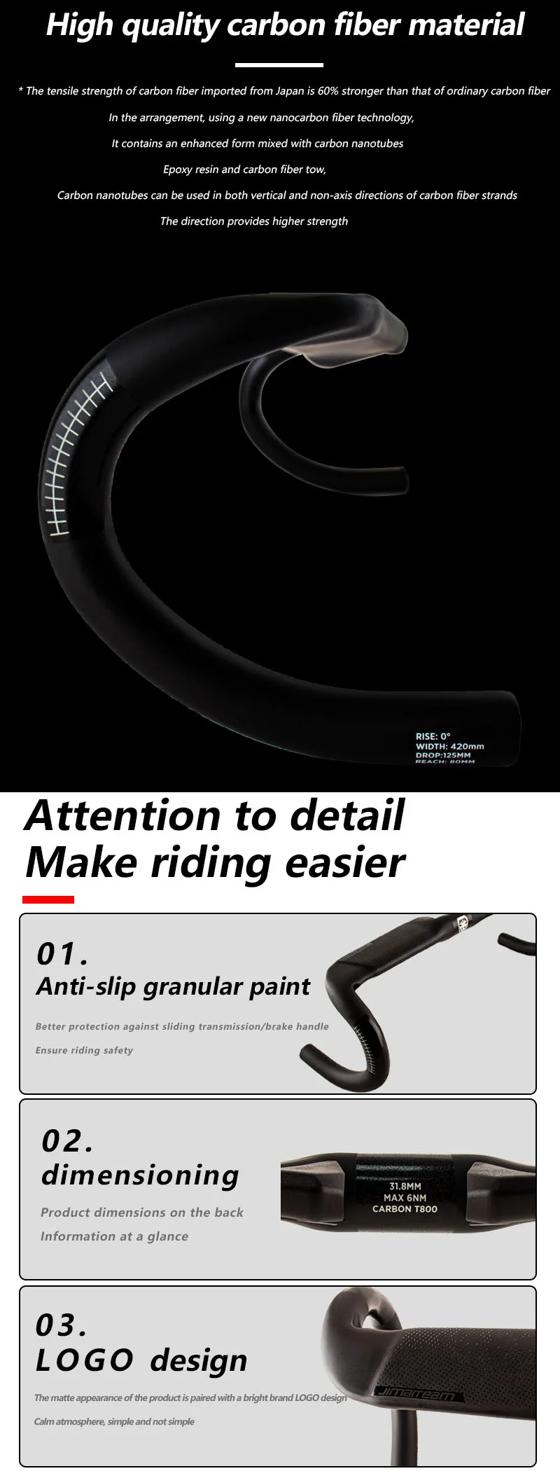 Jimiteam-All-Carbon Fiber Road bend T800, Inside Track-Lenker, passend zu 31,8 x 400, 420, 440 mm, 2024, neu – Detail 2