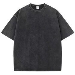 Vintage Unisex Retro Heavyweight Washed Oversized T-Shirt - Short Sleeve Summer Streetwear - XXL (Black)