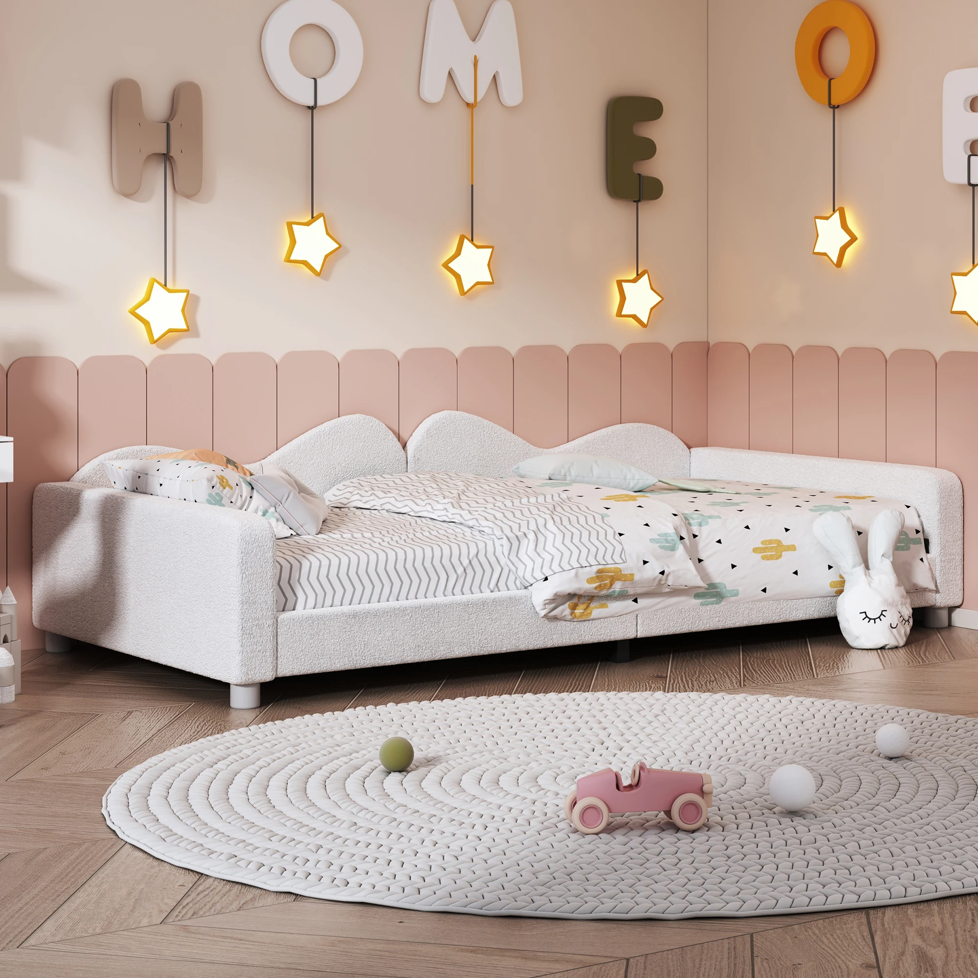 KOMHTOM Kinderpolsterbett 90x200 cm aus Teddystoff Multifunktionales Schlafsofa Bettgestell mit Rückenlehne und Armlehnen – Detail 4