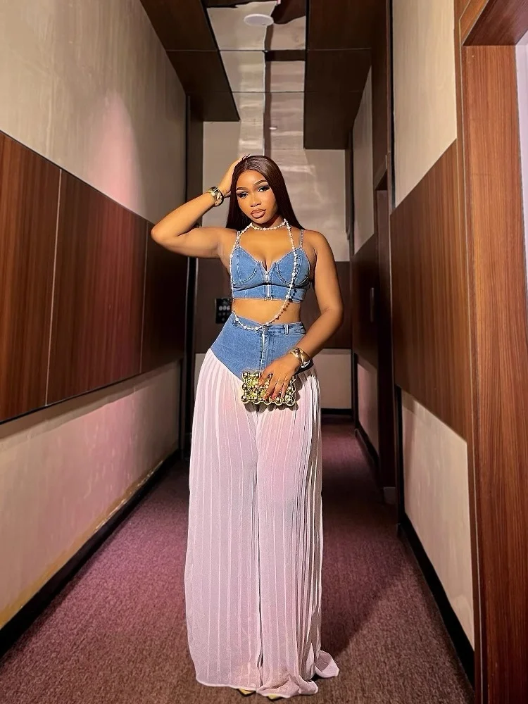 Wmstar Two Piece Sets Women Denim Patchwork V Neck Vest with Pleated Denim Chiffon Trousers Wide Leg Pants Sets Women's Clothing