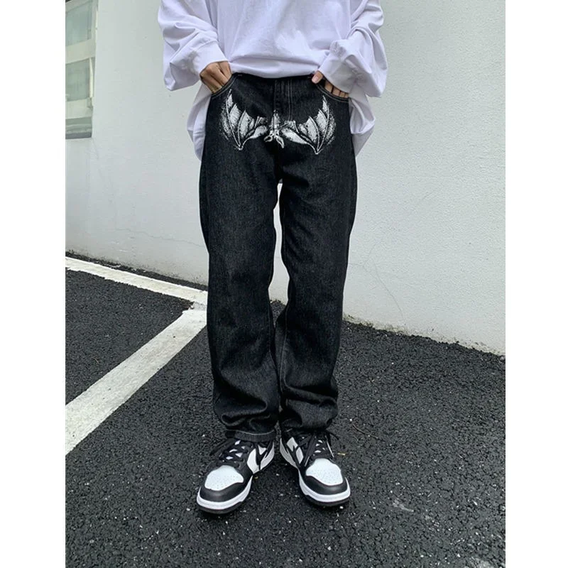 Printed skull jeans retro street straight black pants loose