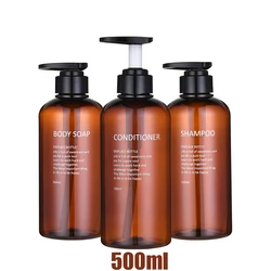 Reusable Bathroom Dispenser Set with Printed Labels for Shampoo, Conditioner, and Body Wash (Brown)