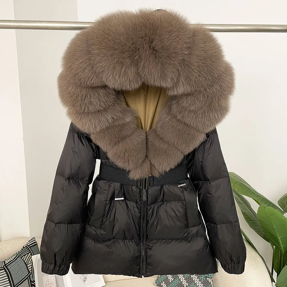 Winter Jacket Women Real Fox Fur Hooded Thick Warm White Duck Down