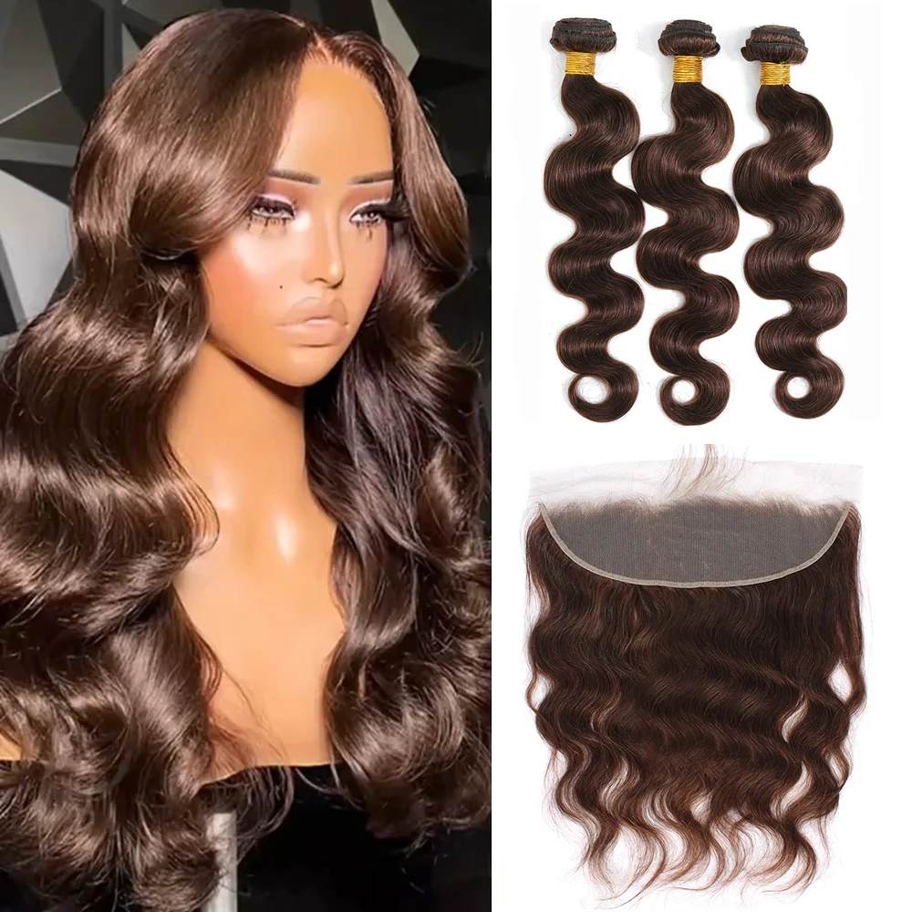 Chocolate Dark Brown Human Hair Bundle With 13x4 Lace Frontal 100% Human Hair Body Wave Bundles With Closure Extension for Women