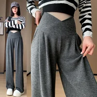 Autumn Maternity Long Pants Drawstring Across Belly Elastic Waist Clothes for Pregnant Women Casual Pregnancy Wide Leg 1
