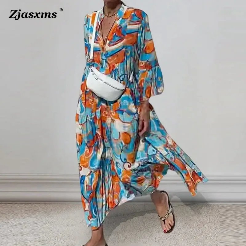 

Женское свободное платье-трапеция в стиле ретро, новое весенне-осеннее женское праздничное платье с V-образным вырезом и цветочным принтом, модное повседневное праздничное пляжное платье, 2023