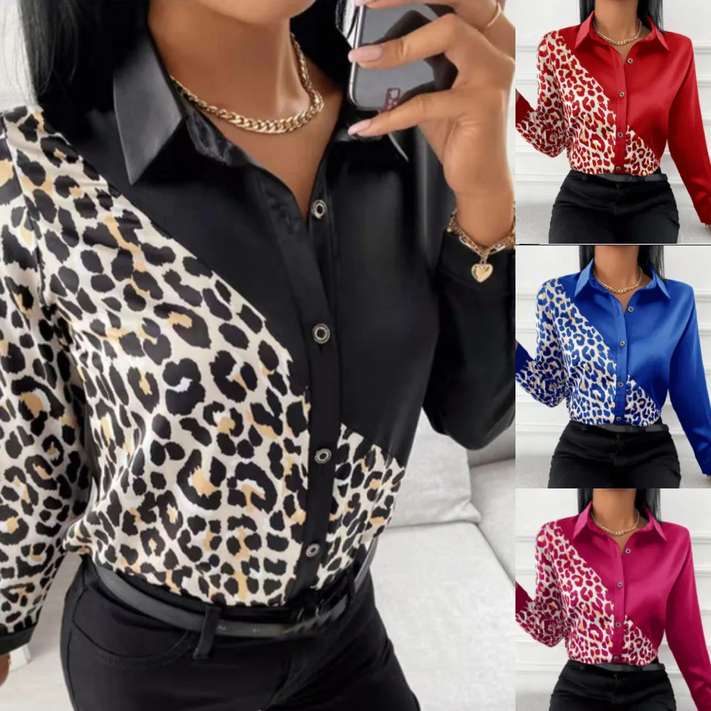 

2024 Spring New Women Shirt Fashion Splicing Printed Leopard Pattern Female Long Sleeved Blouses