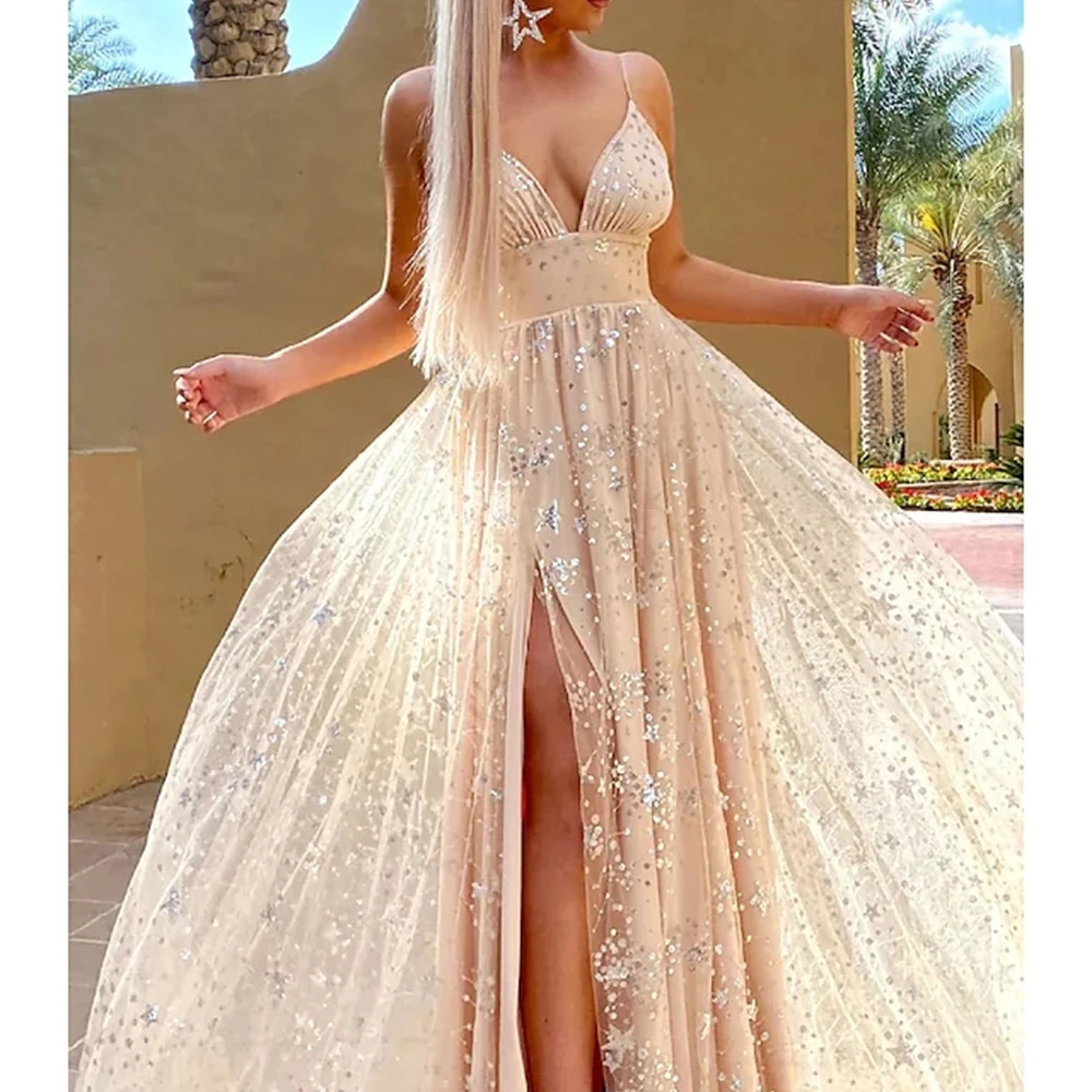 Glitter Champagne Sequin Embellished With Train And High Slit Formal Evening Party Prom Dress Y6940 main image 0