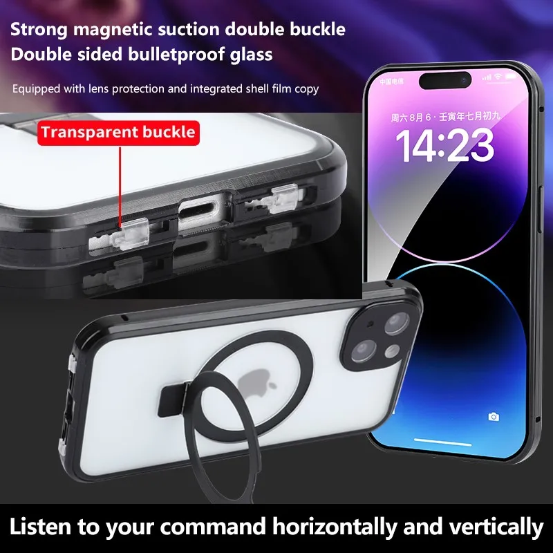 Metal Magnetic Stand Dual Security Lock Phone Case For iPhone 14 13 15 Pro Max For iPhone 15 14 Plus Double Sided Glass Case